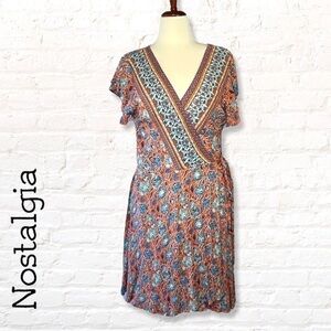 Nostalgia Womens Floral A-Line Wrap Dress Size L Blue Orange
